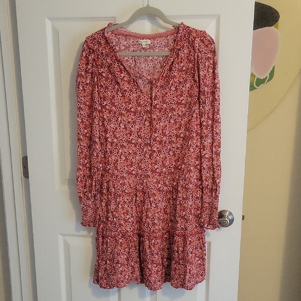Max Studio Rust Floral Long  Sleeve midi vneck tie Dress ruffle accents szLg